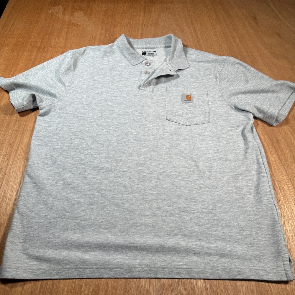 Carhartt Polo Shirt Mens L Gray Loose Fit K570 HGY Pocket Pique Short Sleeve